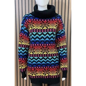 Ricki Women's L Red Sweater Vintage Turtleneck Fair Isle Rainbow Aztec Boho‎